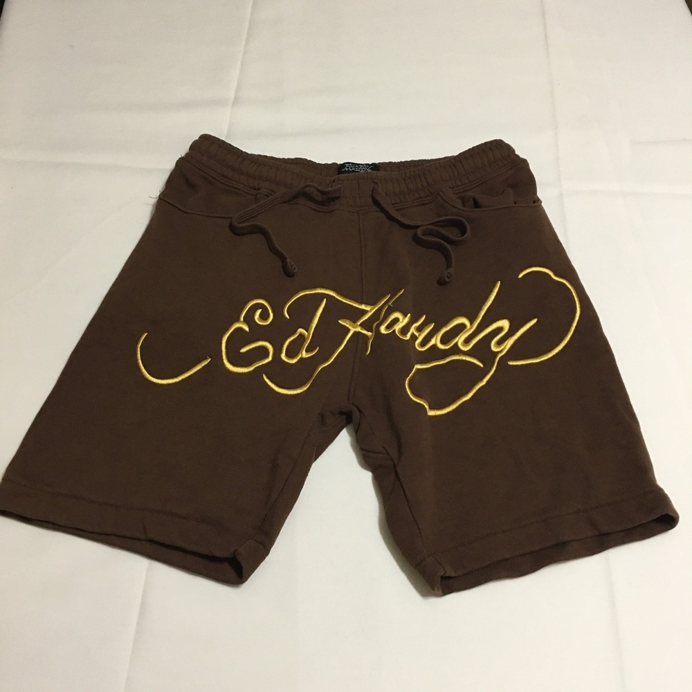 Ed Hardy Sweat Shorts Small Brown Embroidered Logo Drawstring Casual